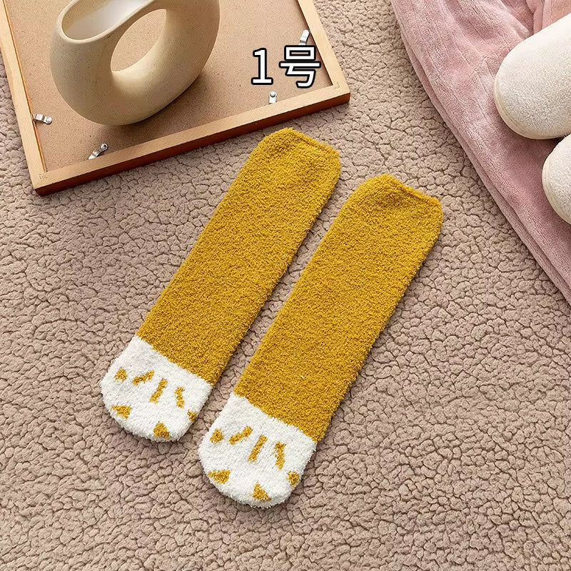 Cozy Cat Claw Coral Velvet Socks - Perfect for Women and Kids, Thickened Mid-Calf Sleep & Home Floor Socks for Autumn & Winter