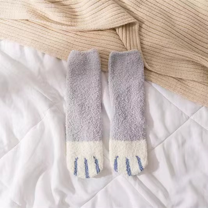 Cozy Cat Claw Coral Velvet Socks - Perfect for Women and Kids, Thickened Mid-Calf Sleep & Home Floor Socks for Autumn & Winter