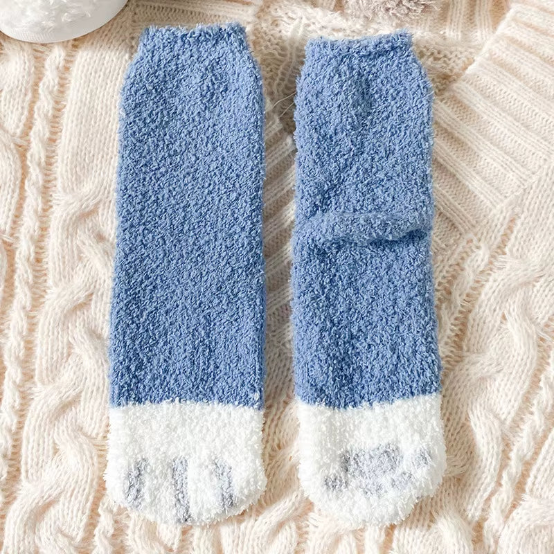 Cozy Cat Claw Coral Velvet Socks - Perfect for Women and Kids, Thickened Mid-Calf Sleep & Home Floor Socks for Autumn & Winter