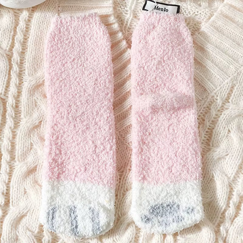 Cozy Cat Claw Coral Velvet Socks - Perfect for Women and Kids, Thickened Mid-Calf Sleep & Home Floor Socks for Autumn & Winter