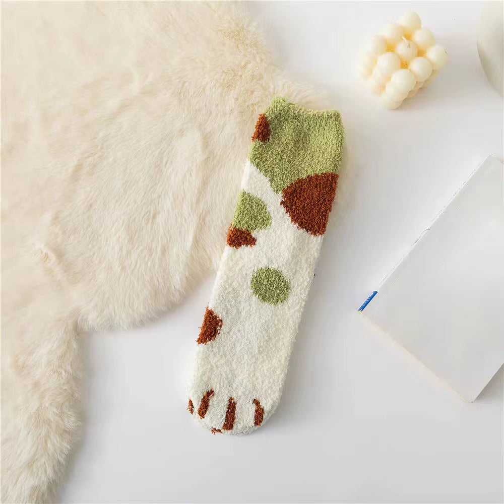 Cozy Cat Claw Coral Velvet Socks - Perfect for Women and Kids, Thickened Mid-Calf Sleep & Home Floor Socks for Autumn & Winter