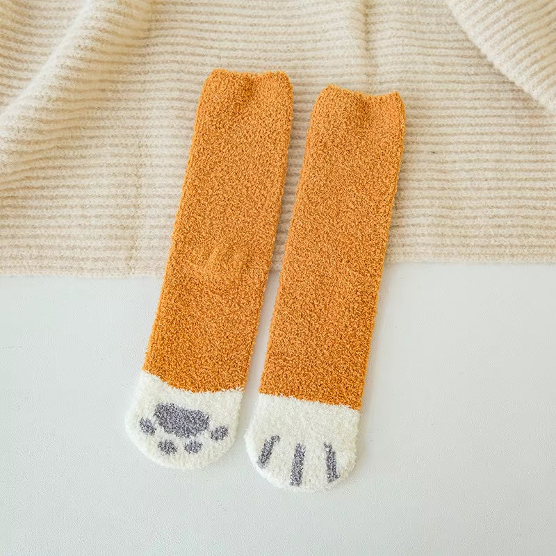 Cozy Cat Claw Coral Velvet Socks - Perfect for Women and Kids, Thickened Mid-Calf Sleep & Home Floor Socks for Autumn & Winter