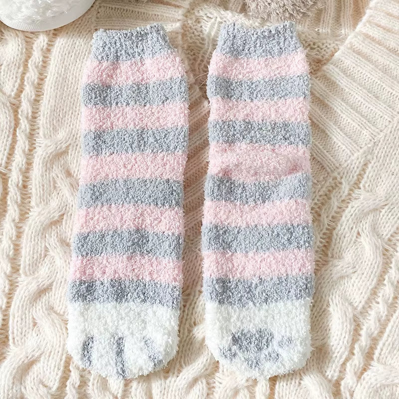 Cozy Cat Claw Coral Velvet Socks - Perfect for Women and Kids, Thickened Mid-Calf Sleep & Home Floor Socks for Autumn & Winter