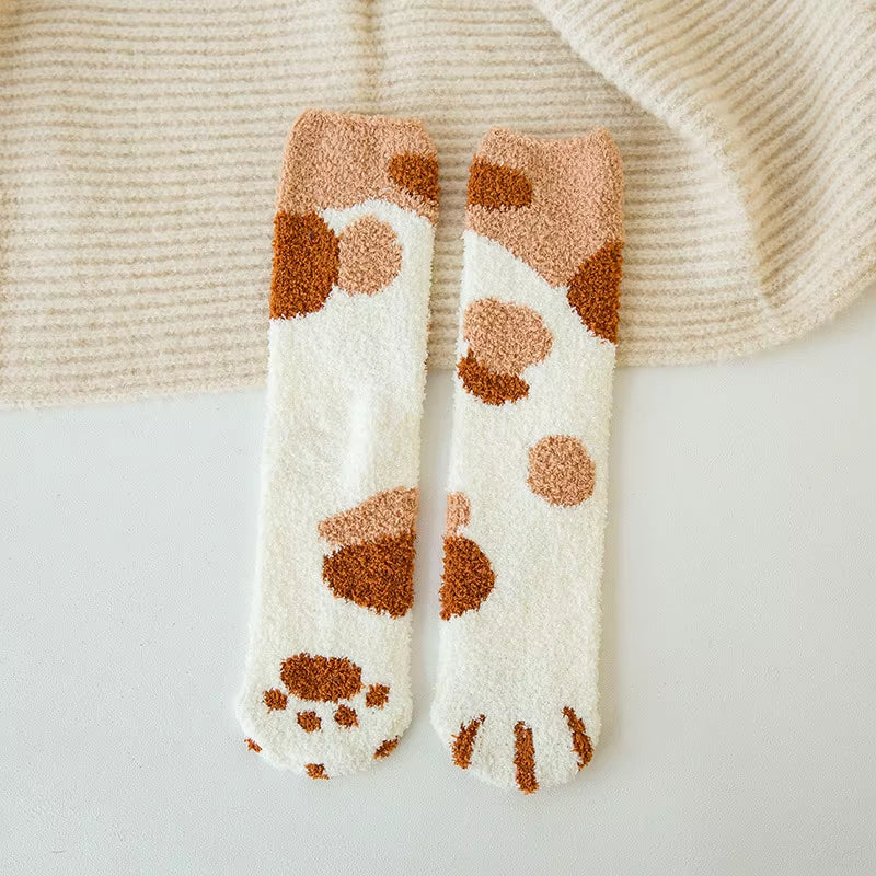 Cozy Cat Claw Coral Velvet Socks - Perfect for Women and Kids, Thickened Mid-Calf Sleep & Home Floor Socks for Autumn & Winter