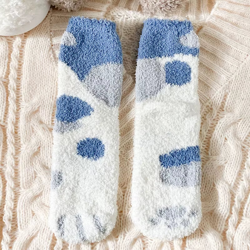 Cozy Cat Claw Coral Velvet Socks - Perfect for Women and Kids, Thickened Mid-Calf Sleep & Home Floor Socks for Autumn & Winter