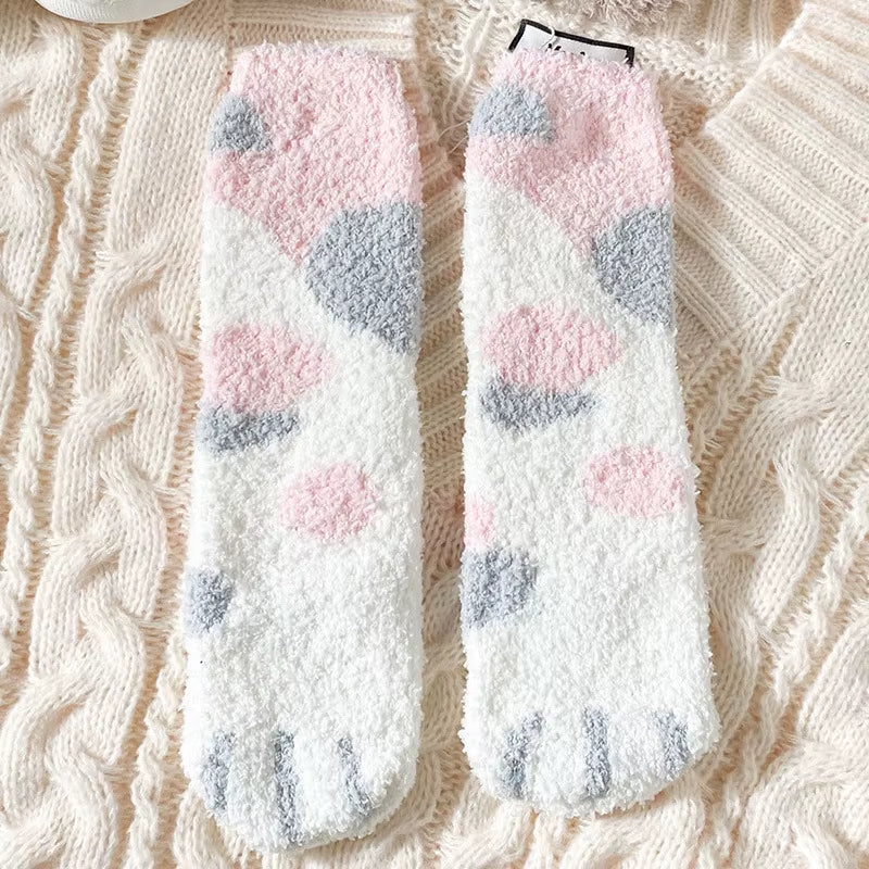 Cozy Cat Claw Coral Velvet Socks - Perfect for Women and Kids, Thickened Mid-Calf Sleep & Home Floor Socks for Autumn & Winter