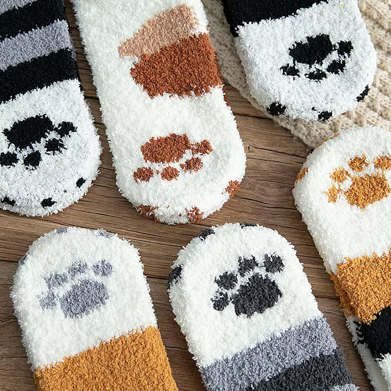 Cozy Cat Claw Coral Velvet Socks - Perfect for Women and Kids, Thickened Mid-Calf Sleep & Home Floor Socks for Autumn & Winter