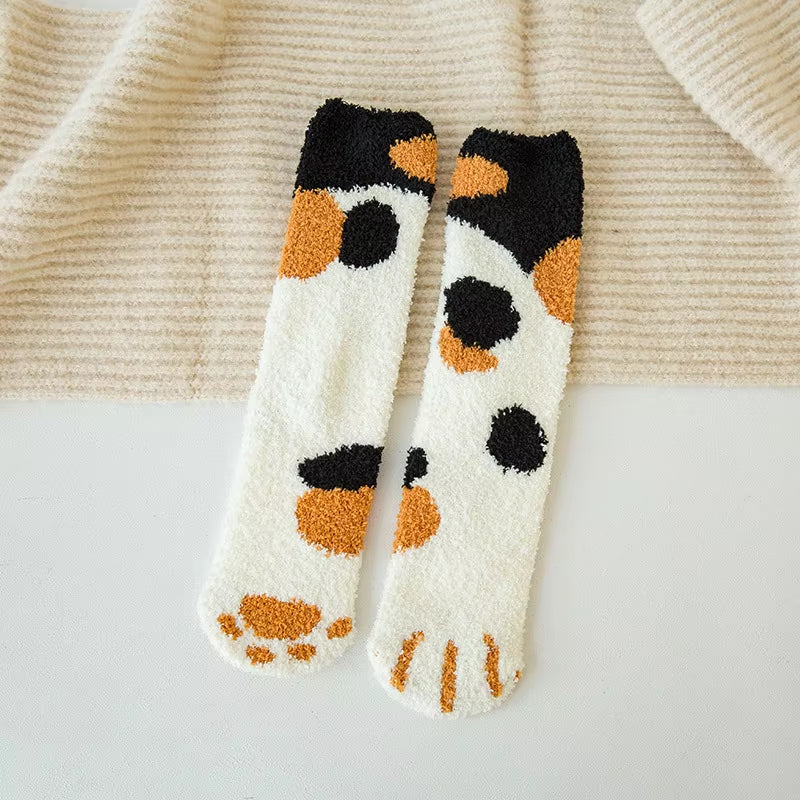 Cozy Cat Claw Coral Velvet Socks - Perfect for Women and Kids, Thickened Mid-Calf Sleep & Home Floor Socks for Autumn & Winter