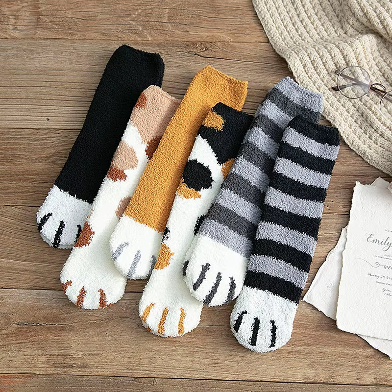 Cozy Cat Claw Coral Velvet Socks - Perfect for Women and Kids, Thickened Mid-Calf Sleep & Home Floor Socks for Autumn & Winter