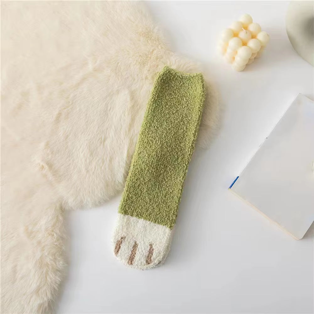 Cozy Cat Claw Coral Velvet Socks - Perfect for Women and Kids, Thickened Mid-Calf Sleep & Home Floor Socks for Autumn & Winter