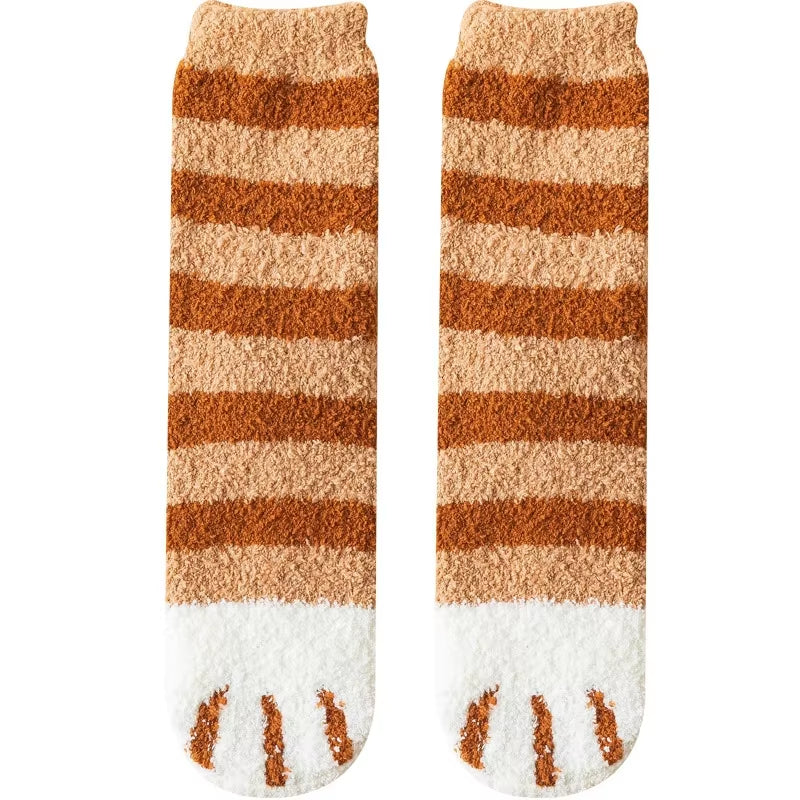 Cozy Cat Claw Coral Velvet Socks - Perfect for Women and Kids, Thickened Mid-Calf Sleep & Home Floor Socks for Autumn & Winter